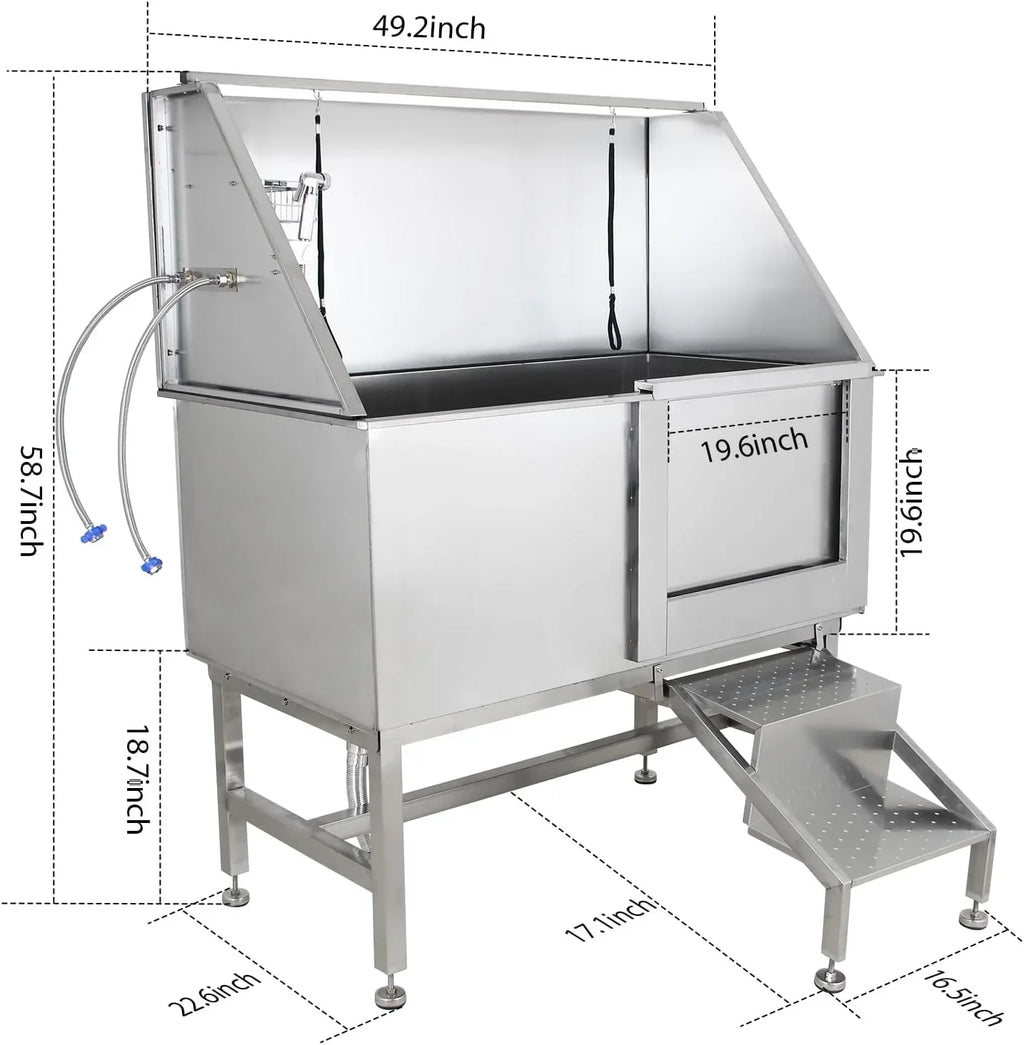 Professional Stainless Steel Dog Grooming Tub with Ramp, Faucet & Sprayer – 50 Pet Wash Station