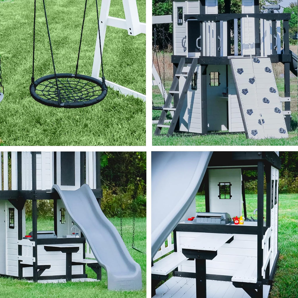 Canyon Creek Cedar Wood Swing Set with Wave Slide, Clubhouse, Play Kitchen, Picnic Area, Belt Swings, Web Swing, Rock Wall, Balconies, Playhouse, Step Ladder, Outdoor Playset