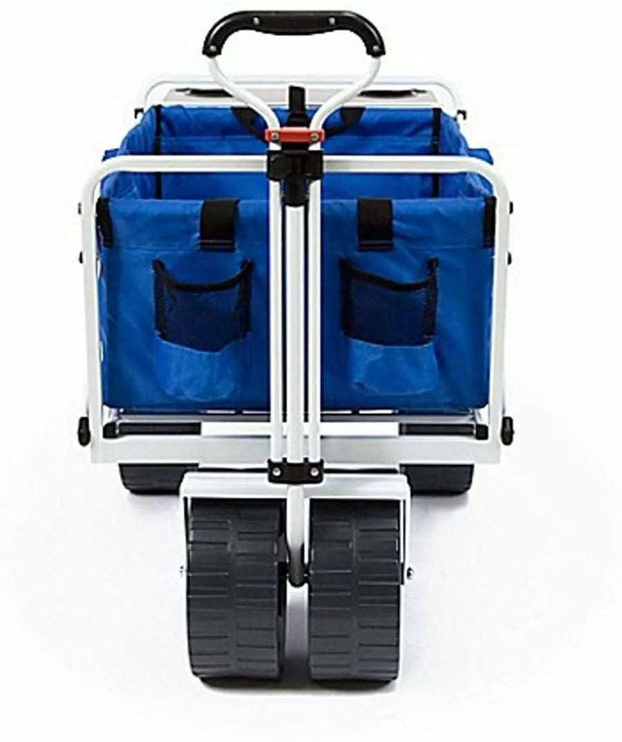 All Terrain Beach Wagon with Side Table,Heavy Duty Collapsible Folding Cart with Large Wheels for Beach Day, Picnic, Camping, Outdoor Activities , Blue/White