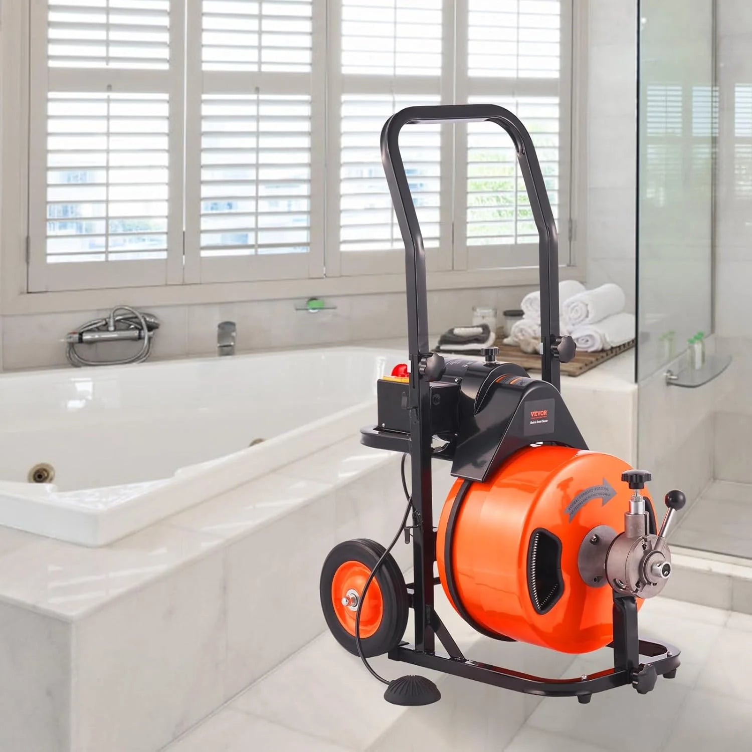 Drain Cleaner Machine 100FT x 1/2Inch, Auto Feed Sewer Snake Auger with 4 Cutter & Air-activated Foot Switch for 1 to 4 Pipes, Orange, Black