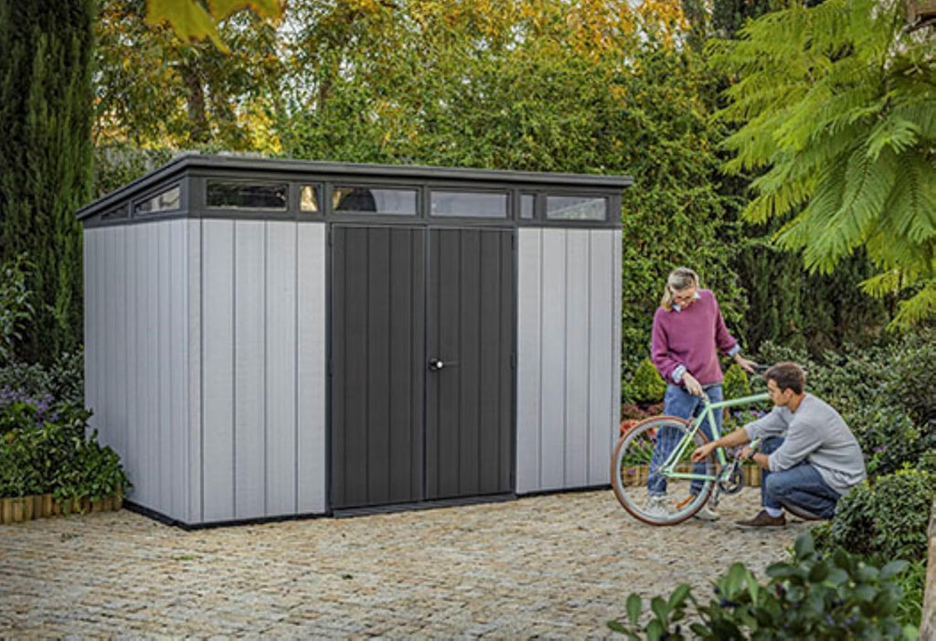 Keter Artisan 11×7 Modern Resin Outdoor Storage Shed Kit-Perfect to Store Patio Furniture, Garden Tools Bike Accessories, Beach Chairs and Lawn Mower, Grey & Black