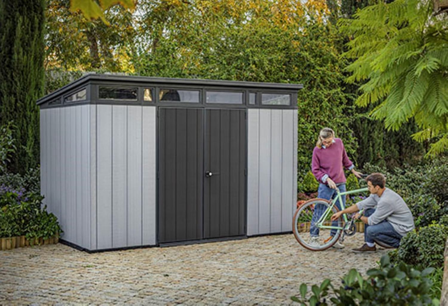 Keter Artisan 11×7 Modern Resin Outdoor Storage Shed Kit-Perfect to Store Patio Furniture, Garden Tools Bike Accessories, Beach Chairs and Lawn Mower, Grey & Black