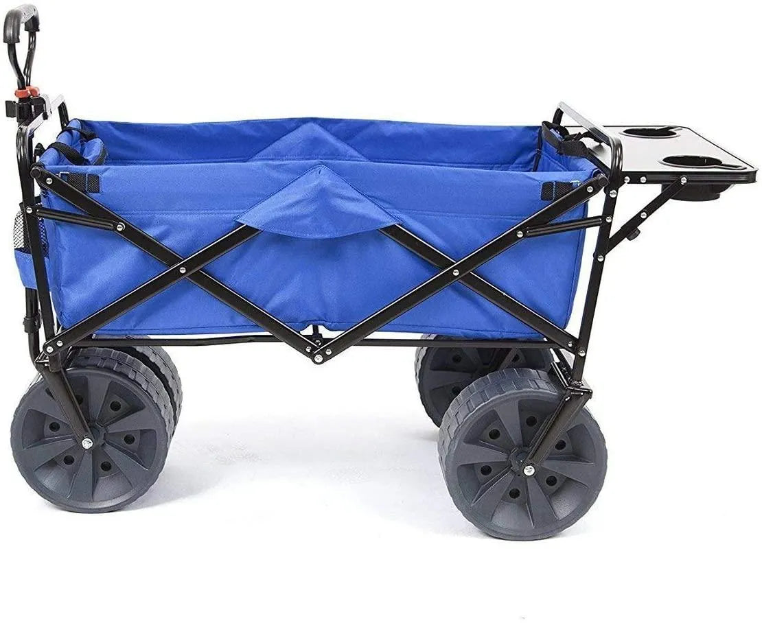 All Terrain Beach Wagon with Side Table,Heavy Duty Collapsible Folding Cart with Large Wheels for Beach Day, Picnic, Camping, Outdoor Activities , Blue/White
