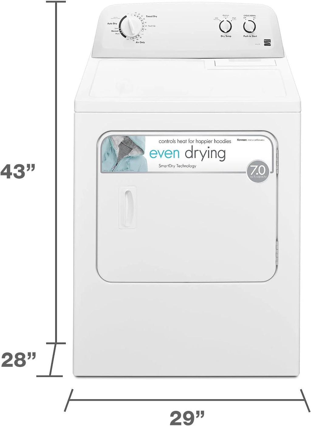 29 Front Load Electric Dryer with Wrinkle Guard and 7.0 Cubic Ft. Total Capacity, White