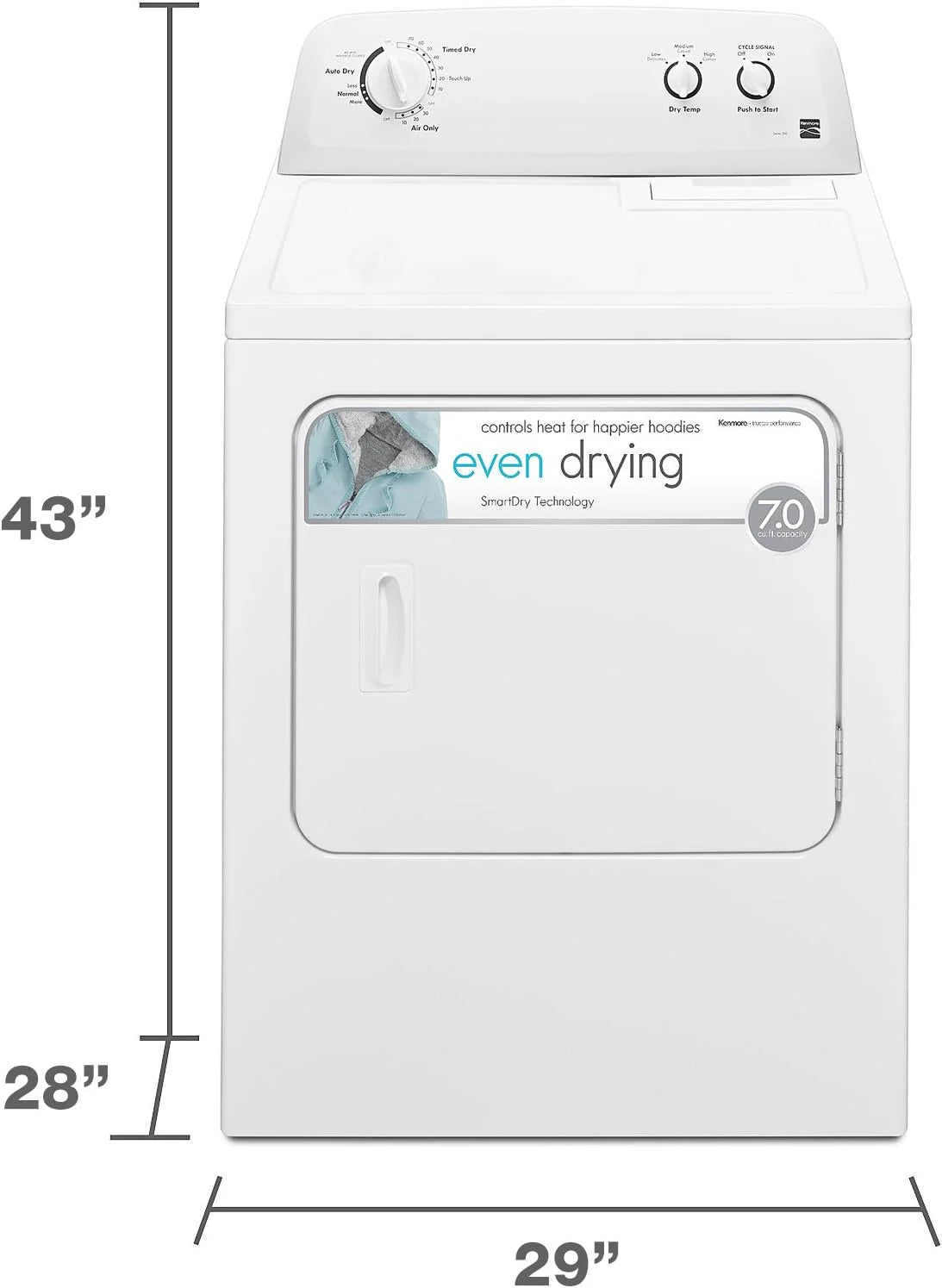 29 Front Load Electric Dryer with Wrinkle Guard and 7.0 Cubic Ft. Total Capacity, White