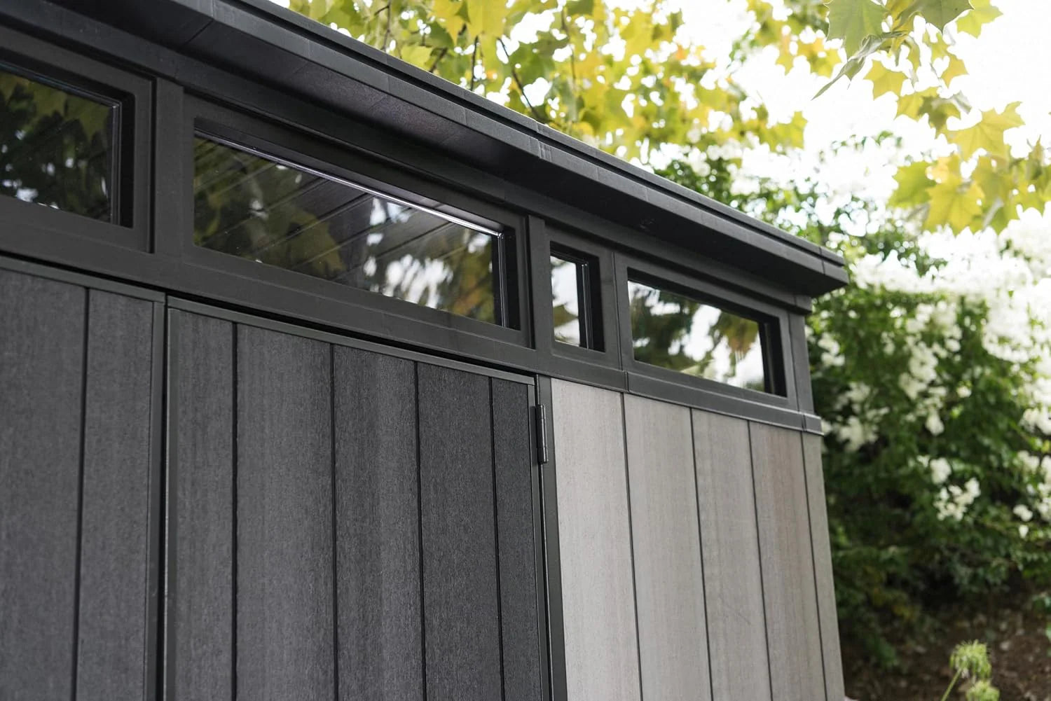 Keter Artisan 11×7 Modern Resin Outdoor Storage Shed Kit-Perfect to Store Patio Furniture, Garden Tools Bike Accessories, Beach Chairs and Lawn Mower, Grey & Black