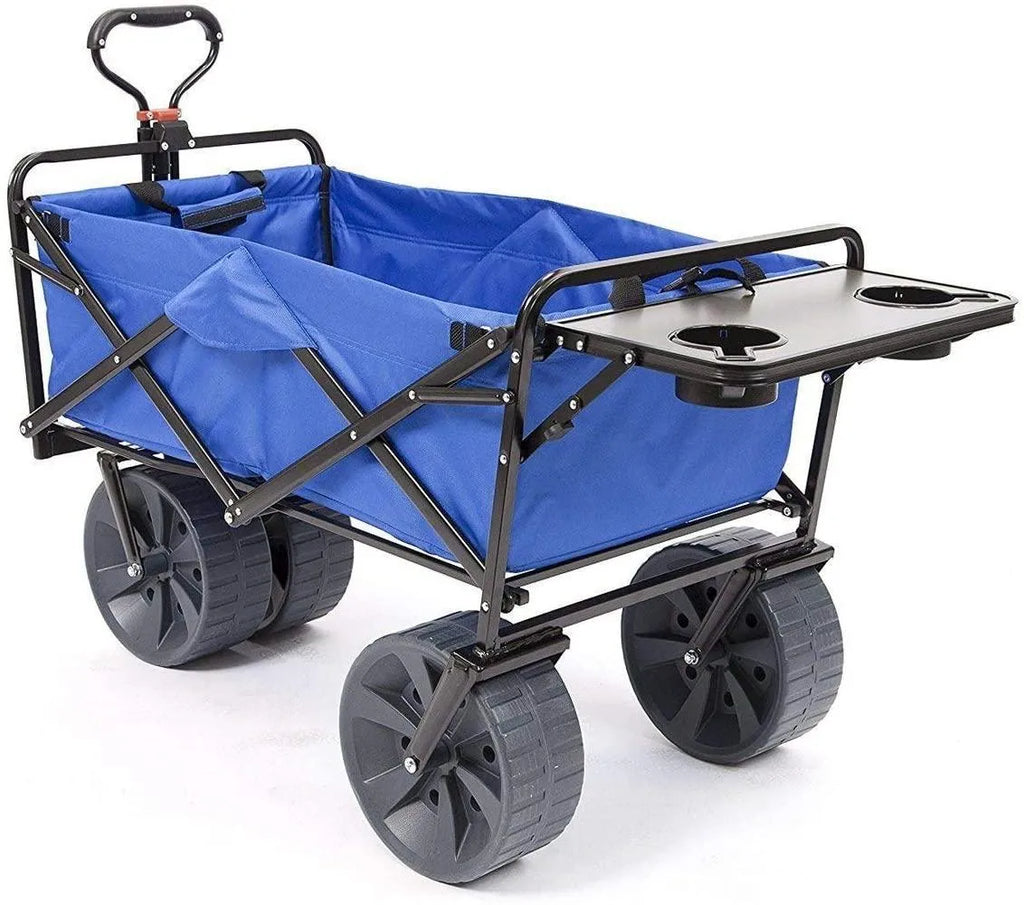 All Terrain Beach Wagon with Side Table,Heavy Duty Collapsible Folding Cart with Large Wheels for Beach Day, Picnic, Camping, Outdoor Activities , Blue/White
