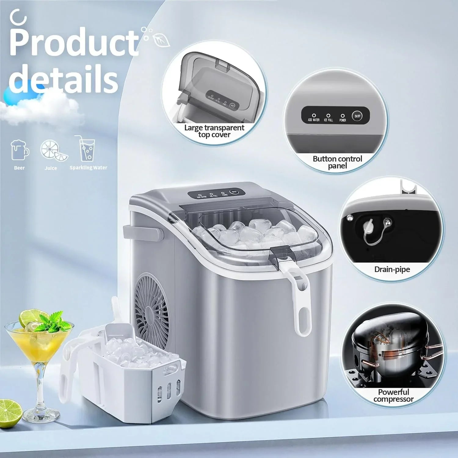 Nugget Ice Makers Countertop, Pebble Ice Machine with Chewable Pellet Ice, 34Lbs/24H, Self-Cleaning, Sonic Ice, One-Click Operation, for Kitchen,Office Stainless Steel Black