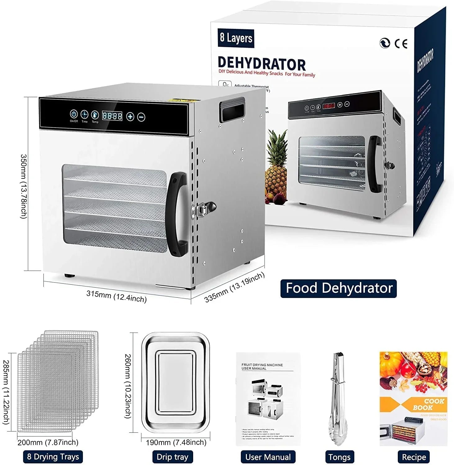 Tray Food Dehydrator, Steel Fruit Dry Machine with 30 90~C Adjustable Thermostat, 24hr Digital Timer