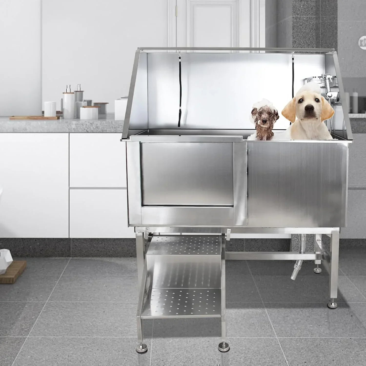 Professional Stainless Steel Dog Grooming Tub with Ramp, Faucet & Sprayer – 50 Pet Wash Station