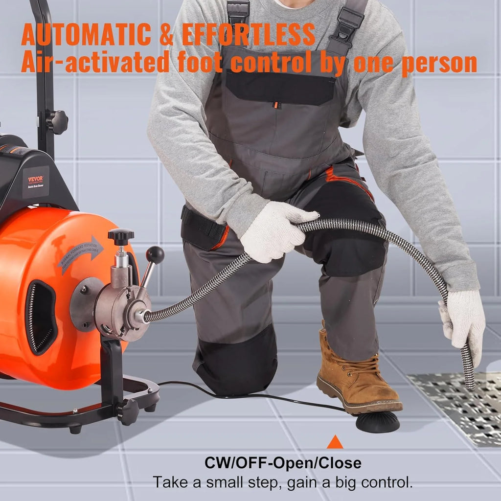 Drain Cleaner Machine 100FT x 1/2Inch, Auto Feed Sewer Snake Auger with 4 Cutter & Air-activated Foot Switch for 1 to 4 Pipes, Orange, Black