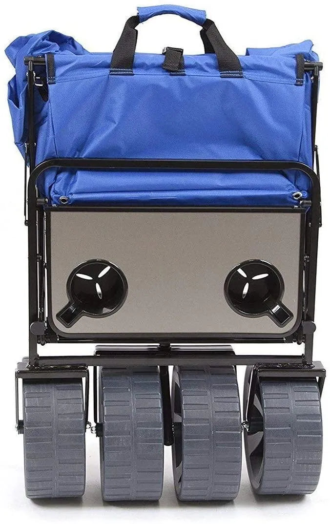 All Terrain Beach Wagon with Side Table,Heavy Duty Collapsible Folding Cart with Large Wheels for Beach Day, Picnic, Camping, Outdoor Activities , Blue/White