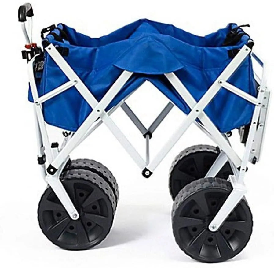 All Terrain Beach Wagon with Side Table,Heavy Duty Collapsible Folding Cart with Large Wheels for Beach Day, Picnic, Camping, Outdoor Activities , Blue/White