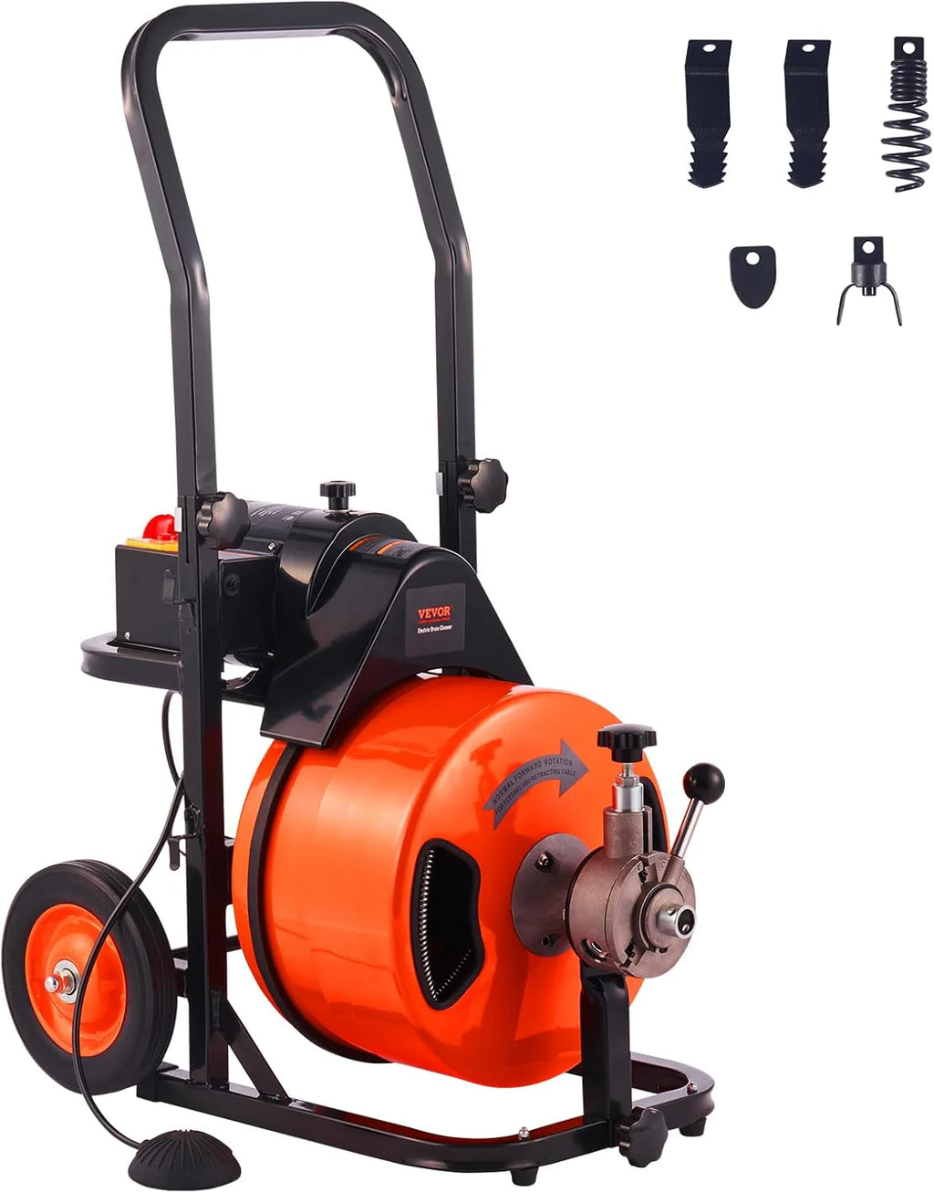 Drain Cleaner Machine 100FT x 1/2Inch, Auto Feed Sewer Snake Auger with 4 Cutter & Air-activated Foot Switch for 1 to 4 Pipes, Orange, Black