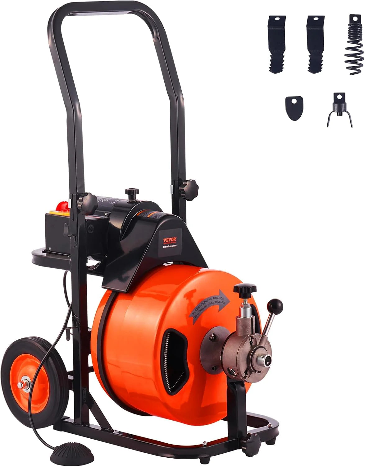 Drain Cleaner Machine 100FT x 1/2Inch, Auto Feed Sewer Snake Auger with 4 Cutter & Air-activated Foot Switch for 1 to 4 Pipes, Orange, Black