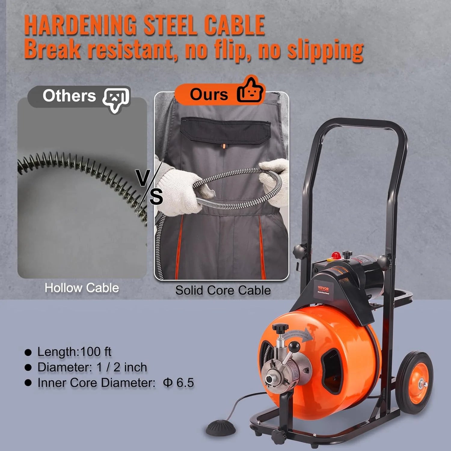 Drain Cleaner Machine 100FT x 1/2Inch, Auto Feed Sewer Snake Auger with 4 Cutter & Air-activated Foot Switch for 1 to 4 Pipes, Orange, Black