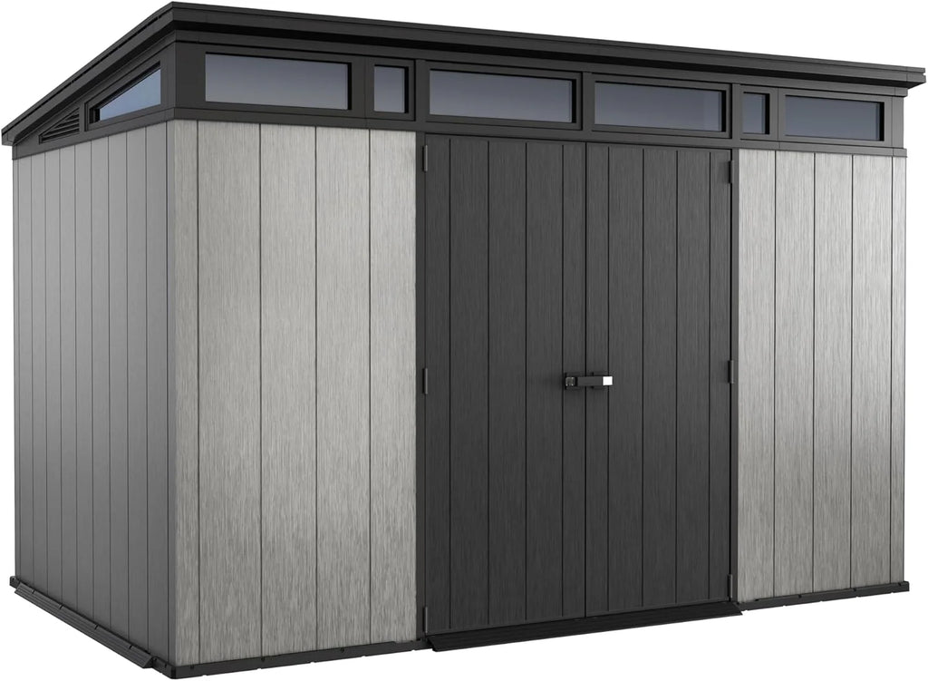 Keter Artisan 11×7 Modern Resin Outdoor Storage Shed Kit-Perfect to Store Patio Furniture, Garden Tools Bike Accessories, Beach Chairs and Lawn Mower, Grey & Black