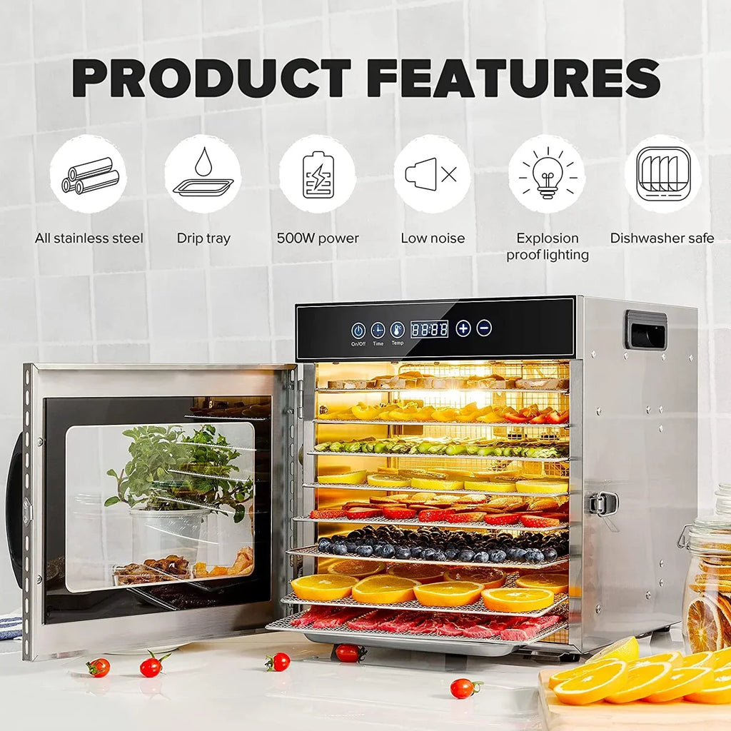 Tray Food Dehydrator, Steel Fruit Dry Machine with 30 90~C Adjustable Thermostat, 24hr Digital Timer