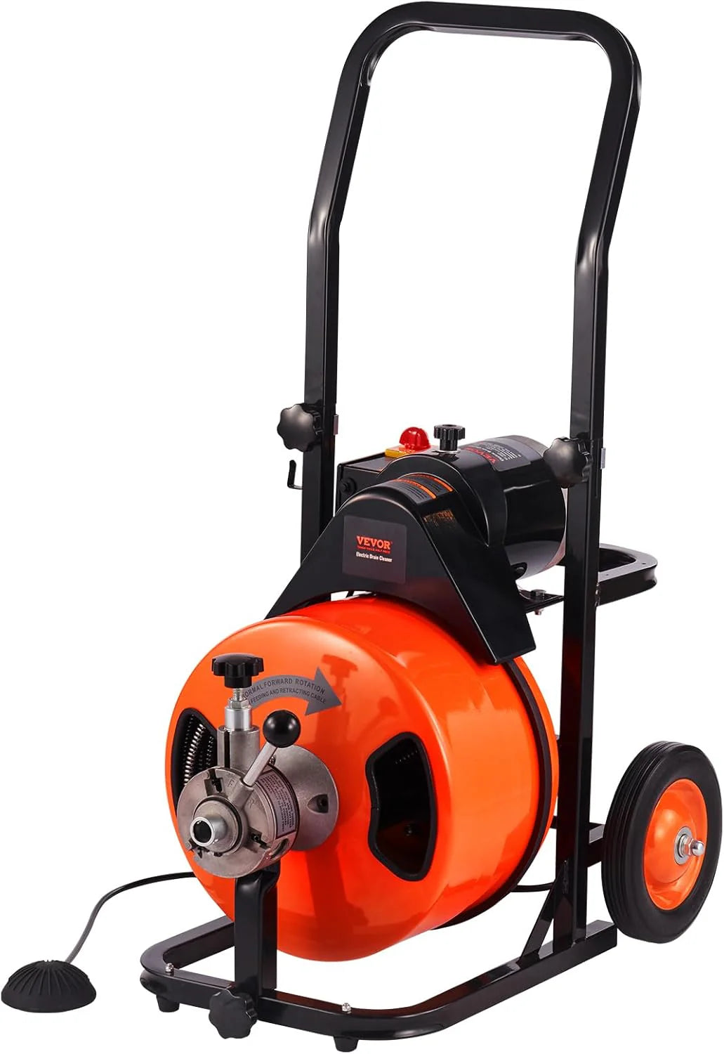 Drain Cleaner Machine 100FT x 1/2Inch, Auto Feed Sewer Snake Auger with 4 Cutter & Air-activated Foot Switch for 1 to 4 Pipes, Orange, Black