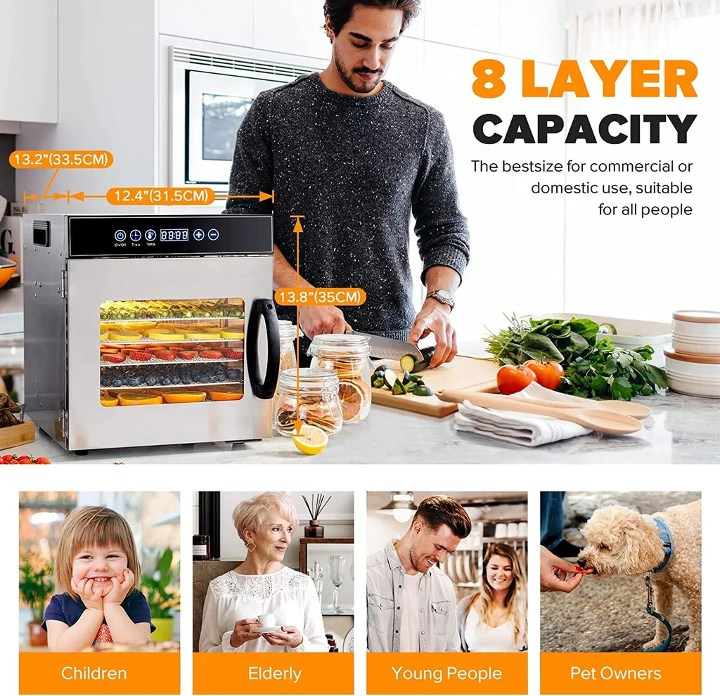 Tray Food Dehydrator, Steel Fruit Dry Machine with 30 90~C Adjustable Thermostat, 24hr Digital Timer
