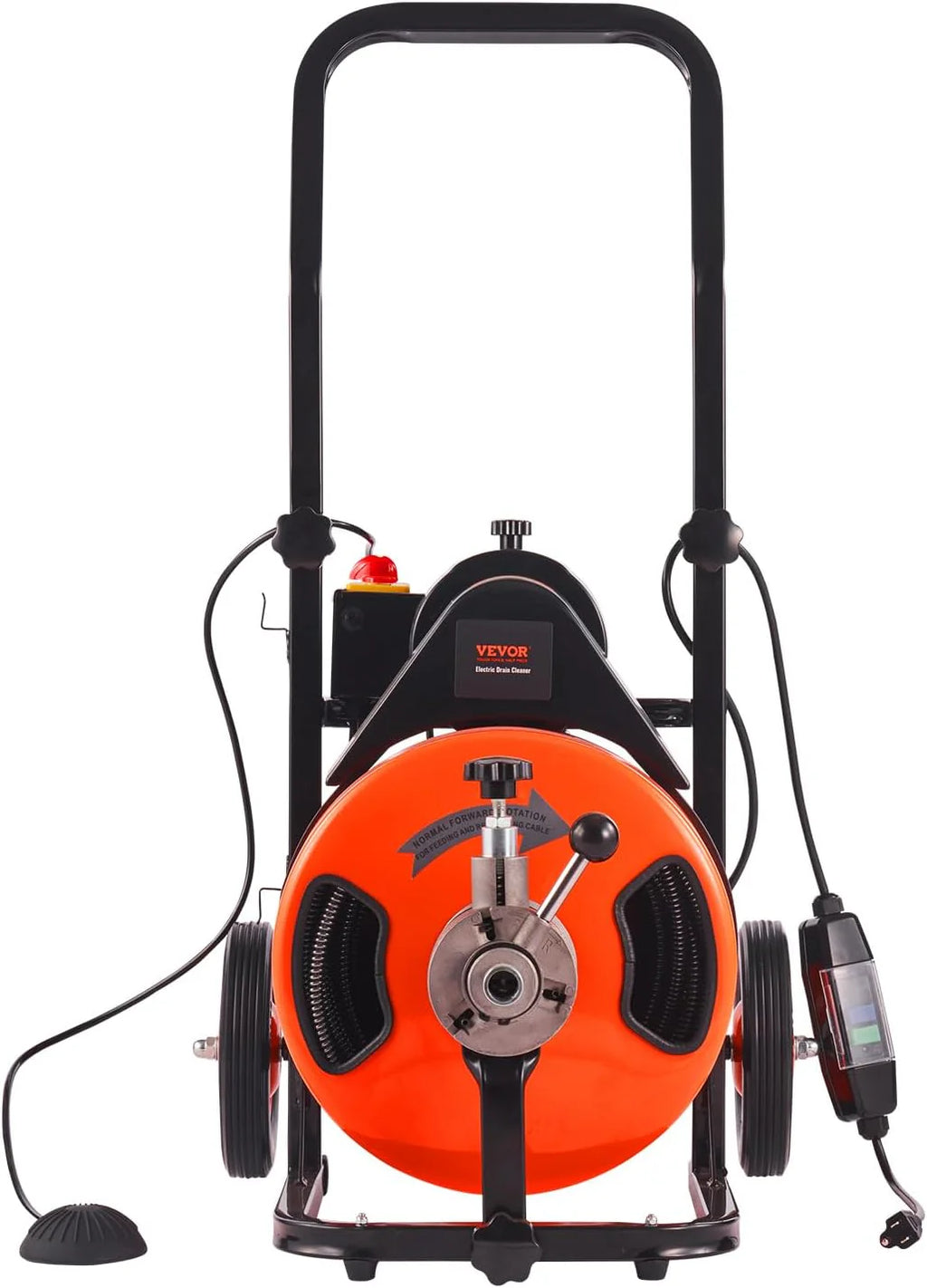 Drain Cleaner Machine 100FT x 1/2Inch, Auto Feed Sewer Snake Auger with 4 Cutter & Air-activated Foot Switch for 1 to 4 Pipes, Orange, Black