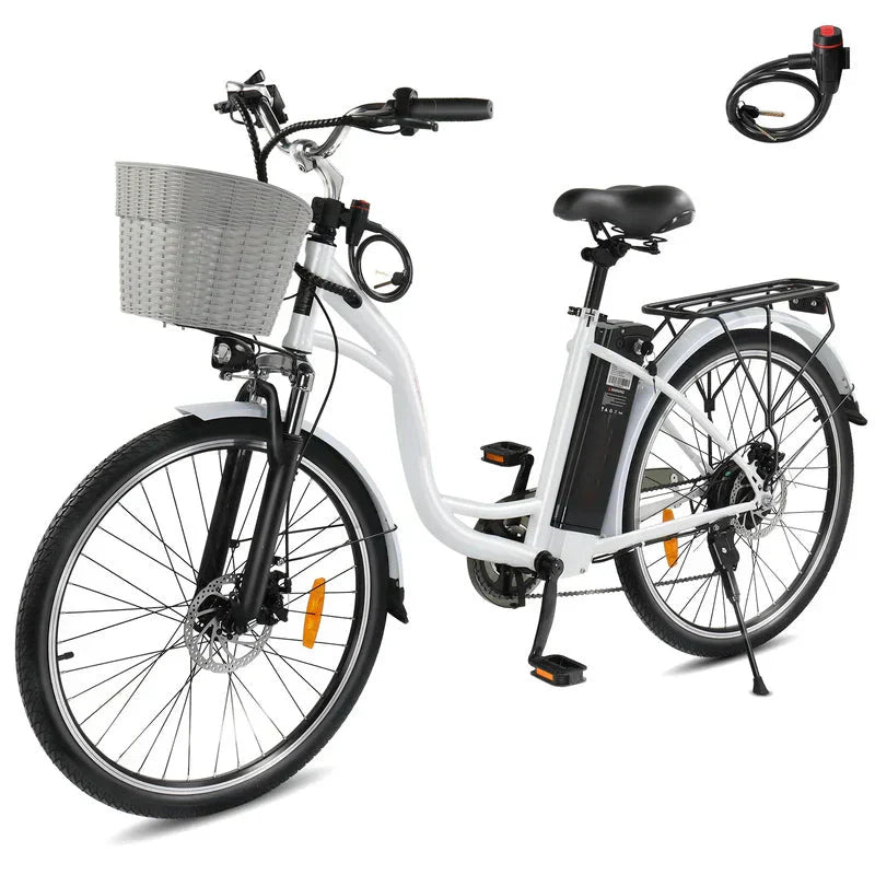 350W Electric Commuter Bike for Adults, 26 Cruiser Ebike with 36V 12.5AH Removable Battery, Shimano 6-Speed, Dual Shock Absorber, Basket