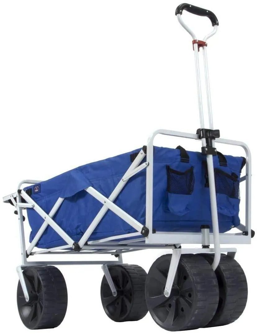 All Terrain Beach Wagon with Side Table,Heavy Duty Collapsible Folding Cart with Large Wheels for Beach Day, Picnic, Camping, Outdoor Activities , Blue/White