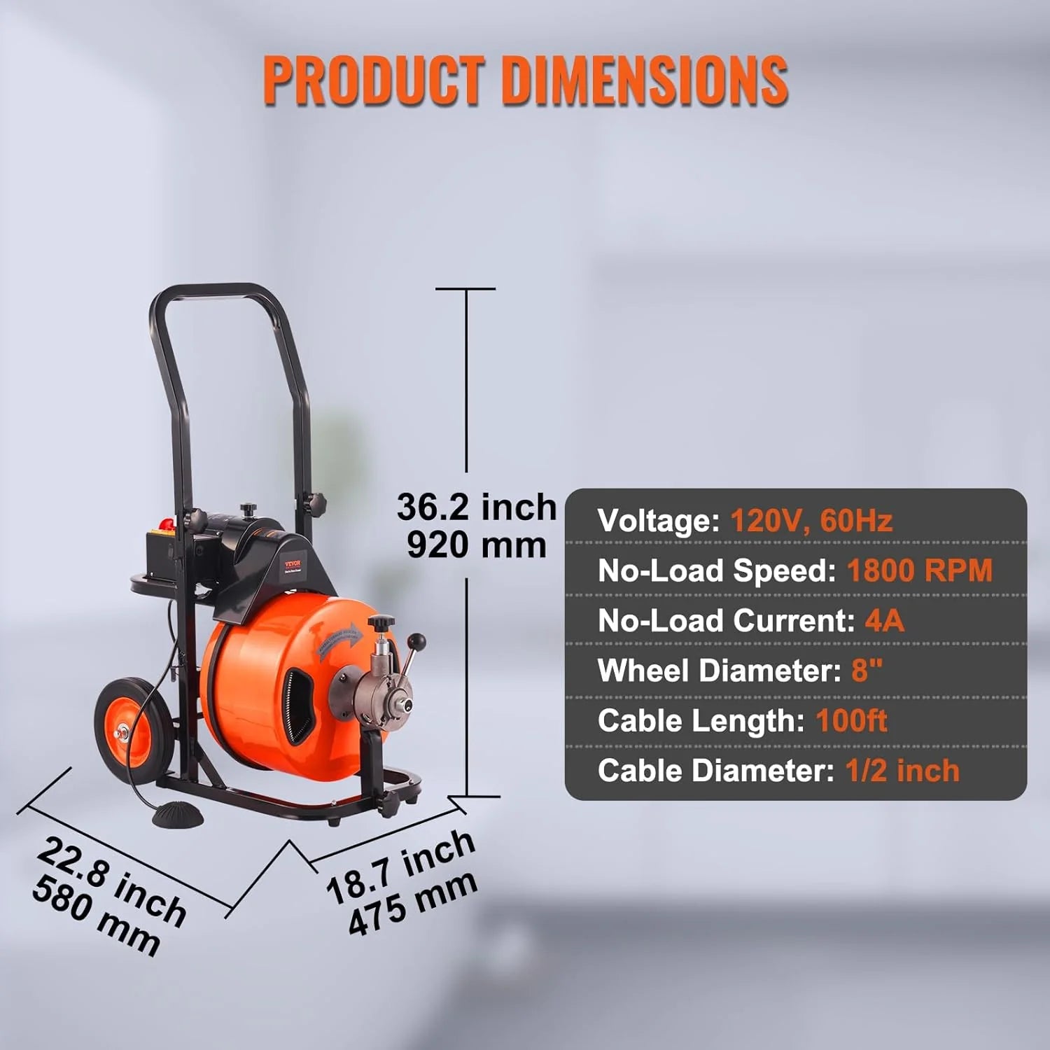 Drain Cleaner Machine 100FT x 1/2Inch, Auto Feed Sewer Snake Auger with 4 Cutter & Air-activated Foot Switch for 1 to 4 Pipes, Orange, Black