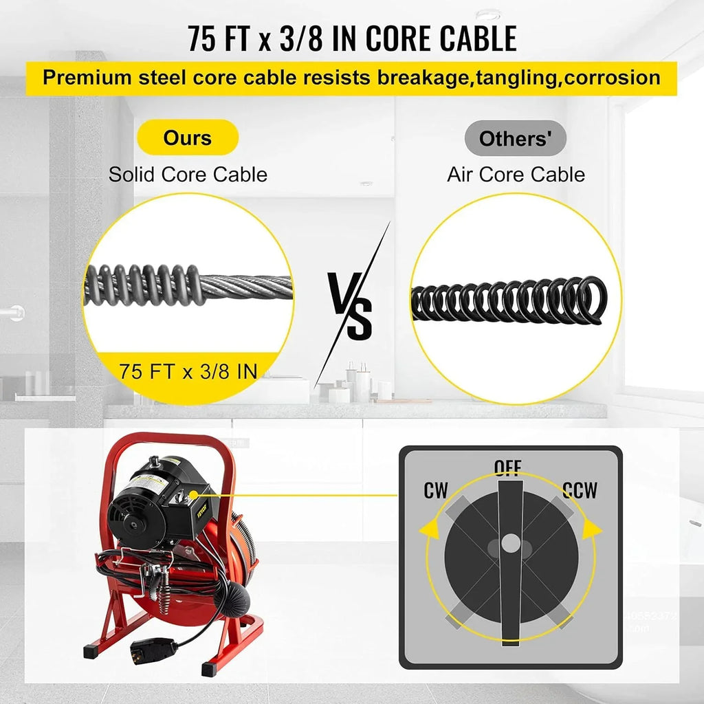 Electric Drain Cleaner Machine by Brand, 75 Ft x 3/8 Inch, Fits 1-4 Inch Pipes, Portable with 4 Cutters, Powerful Plumbing Tool for Clogs