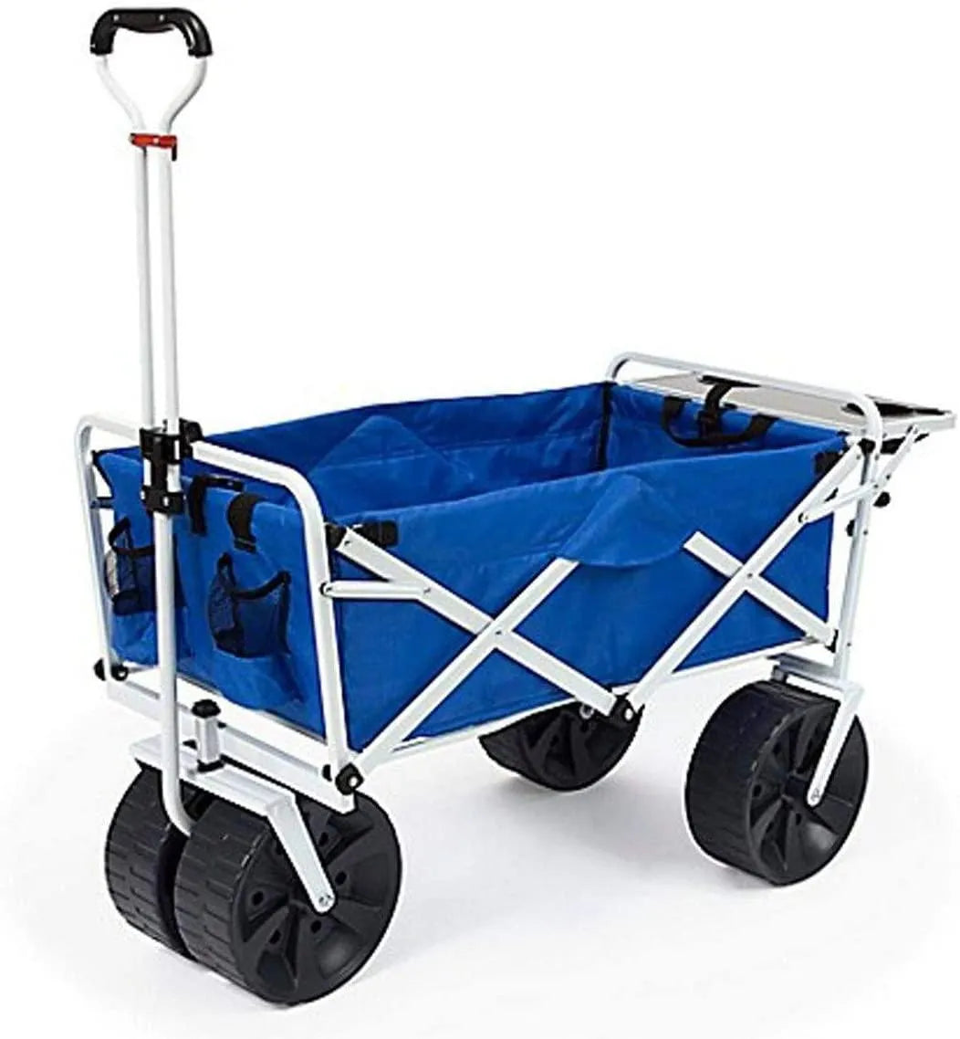 All Terrain Beach Wagon with Side Table,Heavy Duty Collapsible Folding Cart with Large Wheels for Beach Day, Picnic, Camping, Outdoor Activities , Blue/White