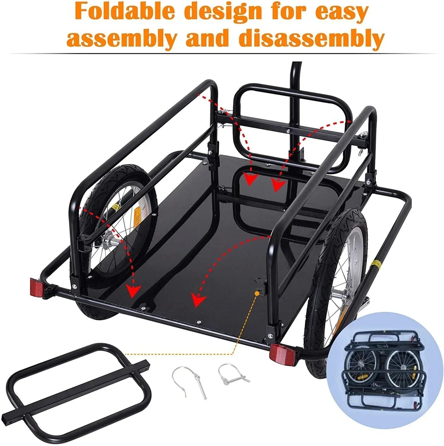 Foldable Bike Cargo Trailer, 80lbs Capacity, 16 Wheels, Black, with Hitch