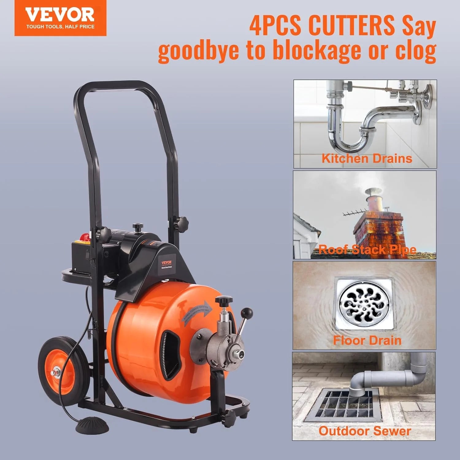 Drain Cleaner Machine 100FT x 1/2Inch, Auto Feed Sewer Snake Auger with 4 Cutter & Air-activated Foot Switch for 1 to 4 Pipes, Orange, Black