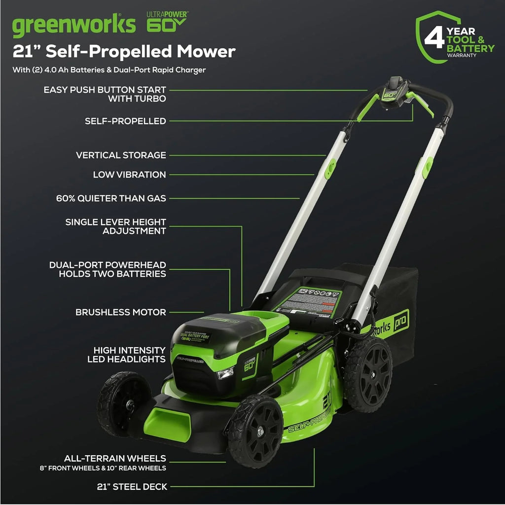 60V 21 Cordless (Self-Propelled) Lawn Mower , 2 x 4.0Ah Batteries and Dual Port Rapid Charger