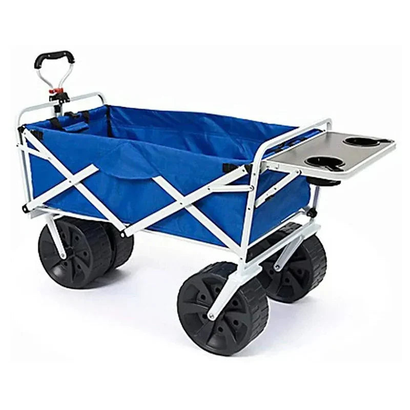 All Terrain Beach Wagon with Side Table,Heavy Duty Collapsible Folding Cart with Large Wheels for Beach Day, Picnic, Camping, Outdoor Activities , Blue/White