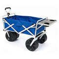All Terrain Beach Wagon with Side Table,Heavy Duty Collapsible Folding Cart with Large Wheels for Beach Day, Picnic, Camping, Outdoor Activities , Blue/White