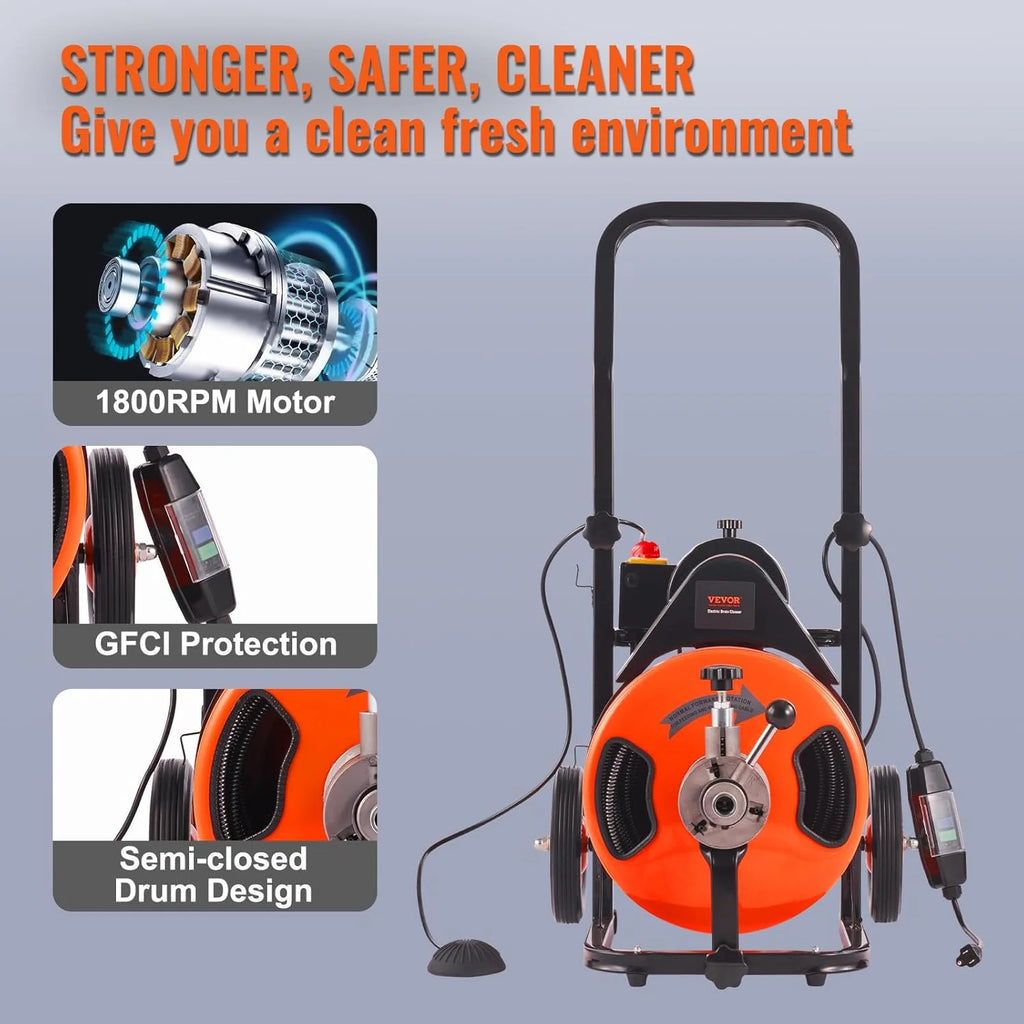 Drain Cleaner Machine 100FT x 1/2Inch, Auto Feed Sewer Snake Auger with 4 Cutter & Air-activated Foot Switch for 1 to 4 Pipes, Orange, Black