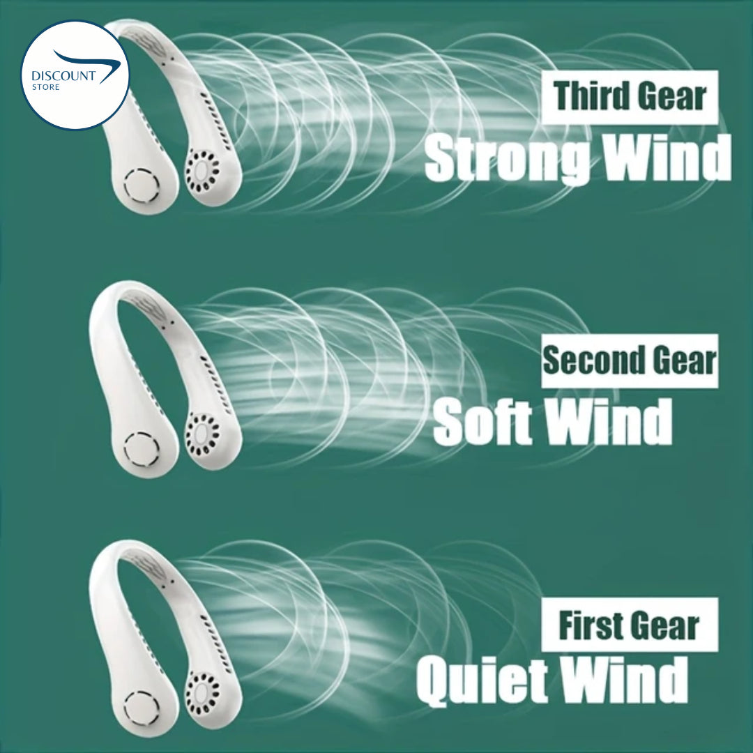 The FrSara neckband fan is a portable personal fan with powerful airflow, a 4000mAh high-capacity battery, 360° omnidirectional airflow, hair-free operation, double-sided airflow, anti-slip design, fast charging, and ultra-long battery life.