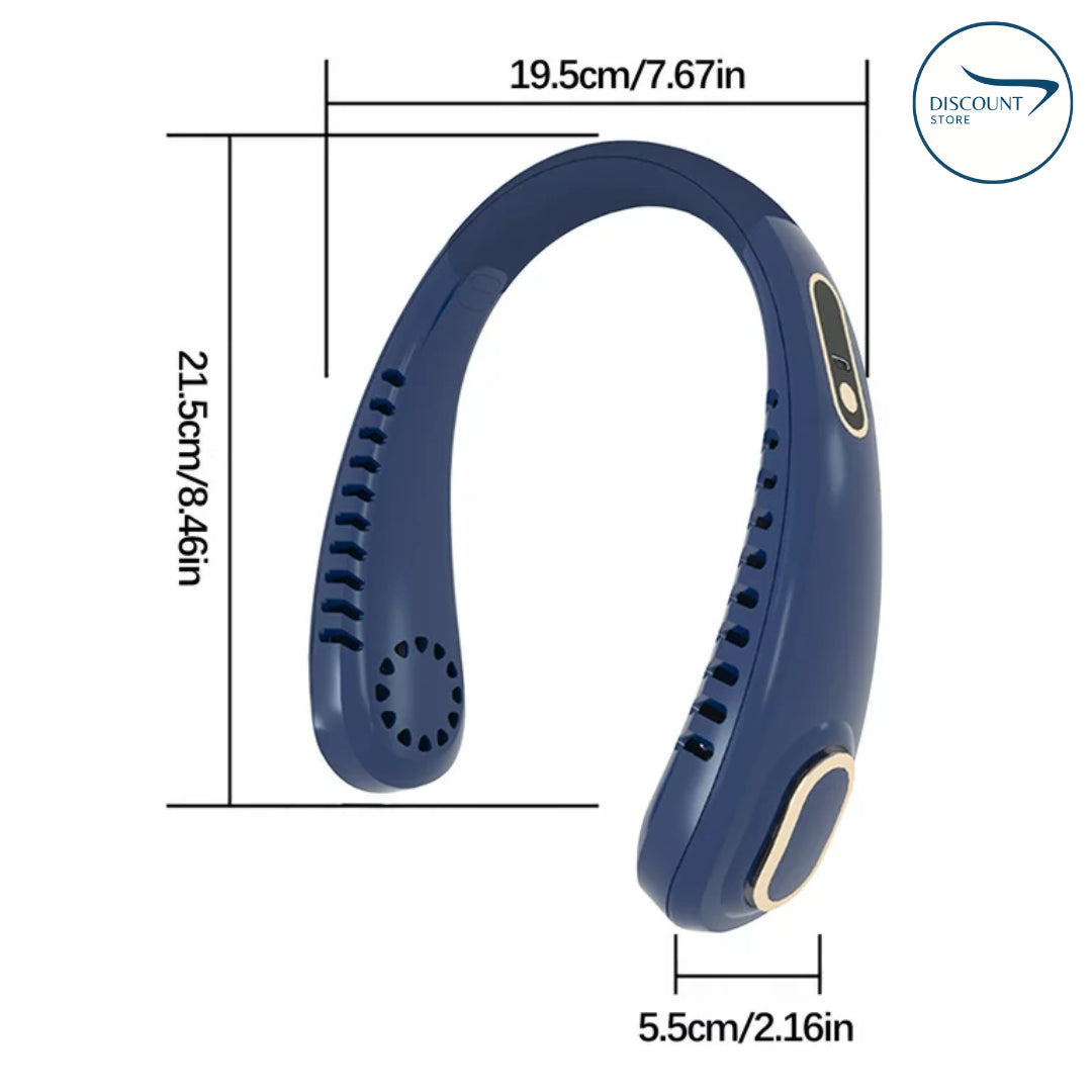 The FrSara neckband fan is a portable personal fan with powerful airflow, a 4000mAh high-capacity battery, 360° omnidirectional airflow, hair-free operation, double-sided airflow, anti-slip design, fast charging, and ultra-long battery life.