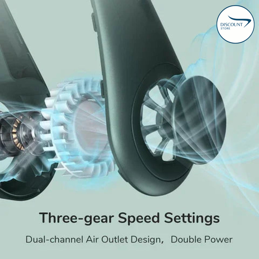The FrSara neckband fan is a portable personal fan with powerful airflow, a 4000mAh high-capacity battery, 360° omnidirectional airflow, hair-free operation, double-sided airflow, anti-slip design, fast charging, and ultra-long battery life.