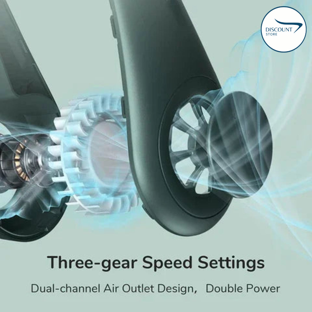 The FrSara neckband fan is a portable personal fan with powerful airflow, a 4000mAh high-capacity battery, 360° omnidirectional airflow, hair-free operation, double-sided airflow, anti-slip design, fast charging, and ultra-long battery life.