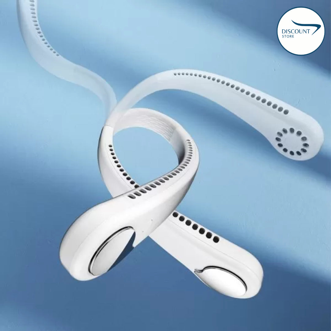 The FrSara neckband fan is a portable personal fan with powerful airflow, a 4000mAh high-capacity battery, 360° omnidirectional airflow, hair-free operation, double-sided airflow, anti-slip design, fast charging, and ultra-long battery life.
