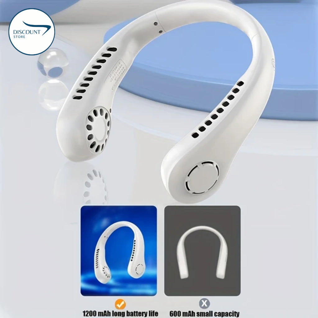 The FrSara neckband fan is a portable personal fan with powerful airflow, a 4000mAh high-capacity battery, 360° omnidirectional airflow, hair-free operation, double-sided airflow, anti-slip design, fast charging, and ultra-long battery life.