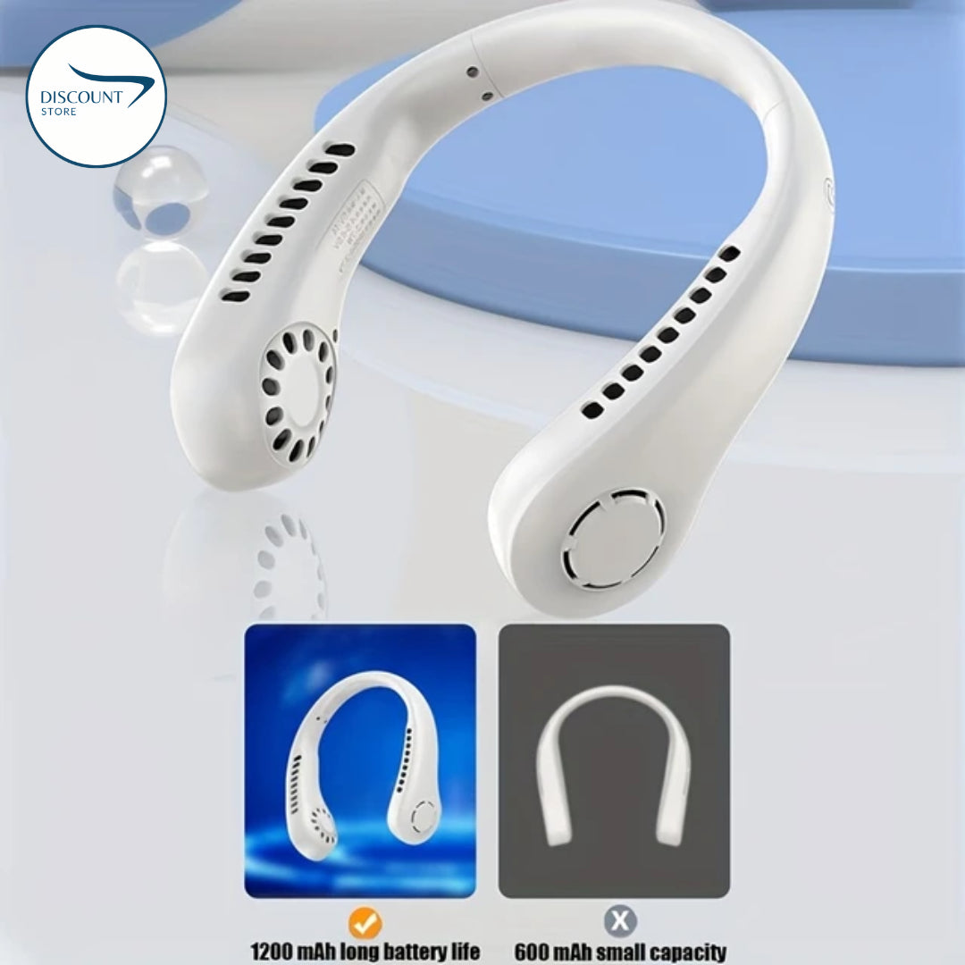 The FrSara neckband fan is a portable personal fan with powerful airflow, a 4000mAh high-capacity battery, 360° omnidirectional airflow, hair-free operation, double-sided airflow, anti-slip design, fast charging, and ultra-long battery life.