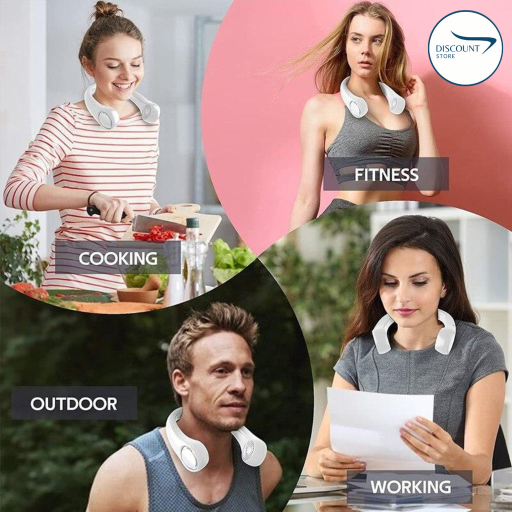 The FrSara neckband fan is a portable personal fan with powerful airflow, a 4000mAh high-capacity battery, 360° omnidirectional airflow, hair-free operation, double-sided airflow, anti-slip design, fast charging, and ultra-long battery life.