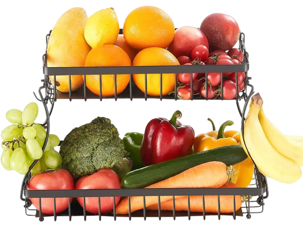 Vevor Fruit Basket 2-Tier Countertop Storage Stand with Banana Hangers New