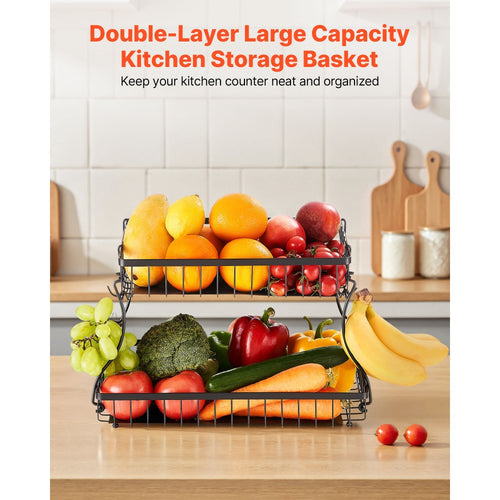 Vevor Fruit Basket 2-Tier Countertop Storage Stand with Banana Hangers New