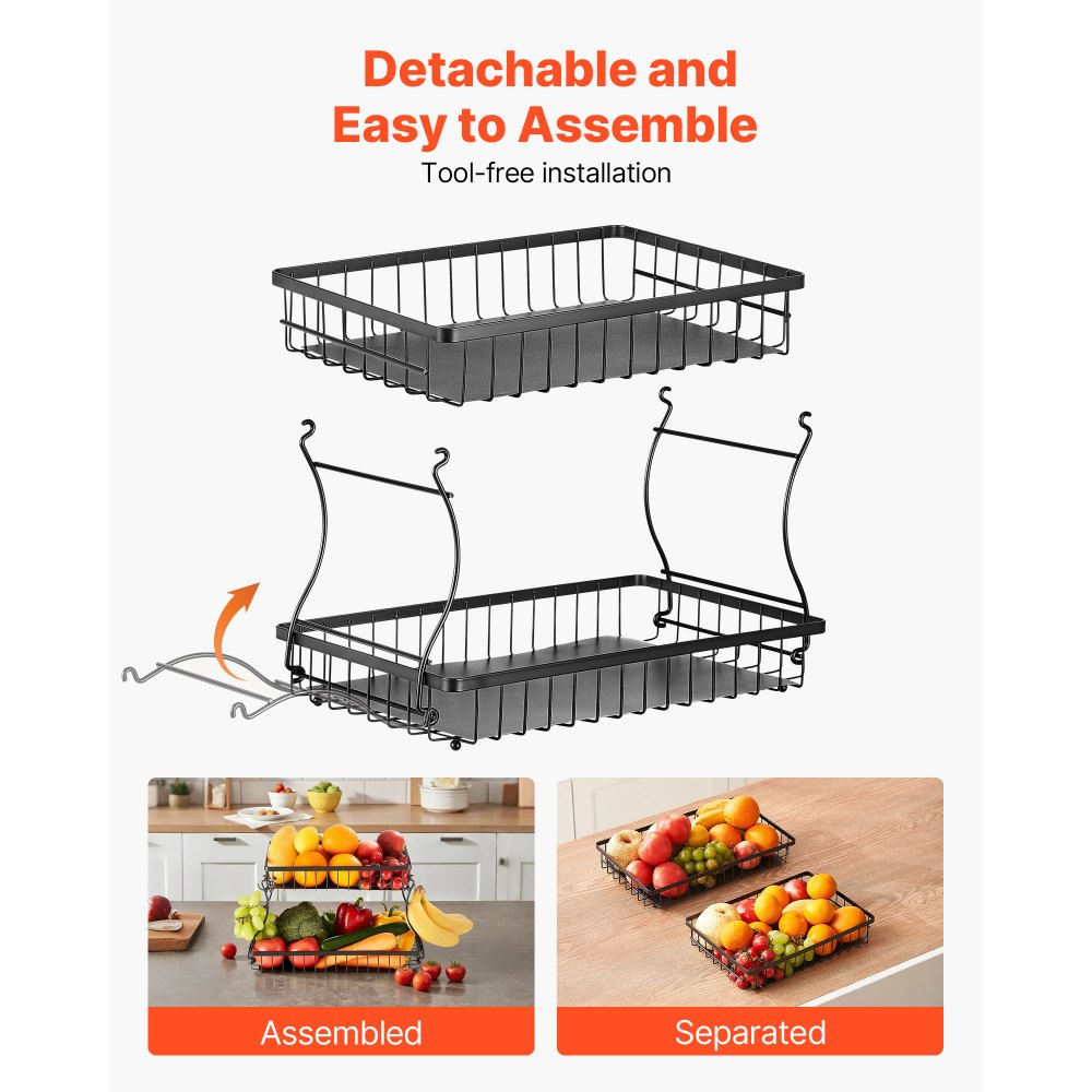 Vevor Fruit Basket 2-Tier Countertop Storage Stand with Banana Hangers New