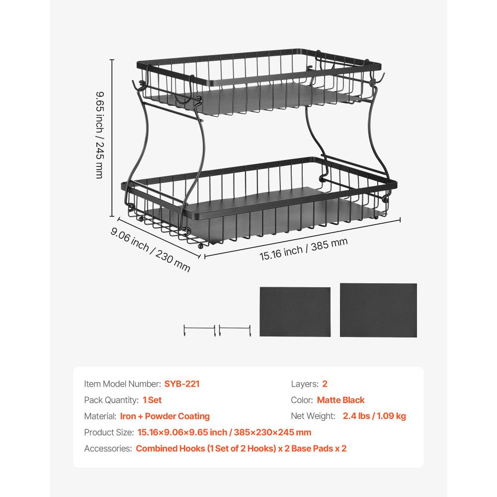 Vevor Fruit Basket 2-Tier Countertop Storage Stand with Banana Hangers New