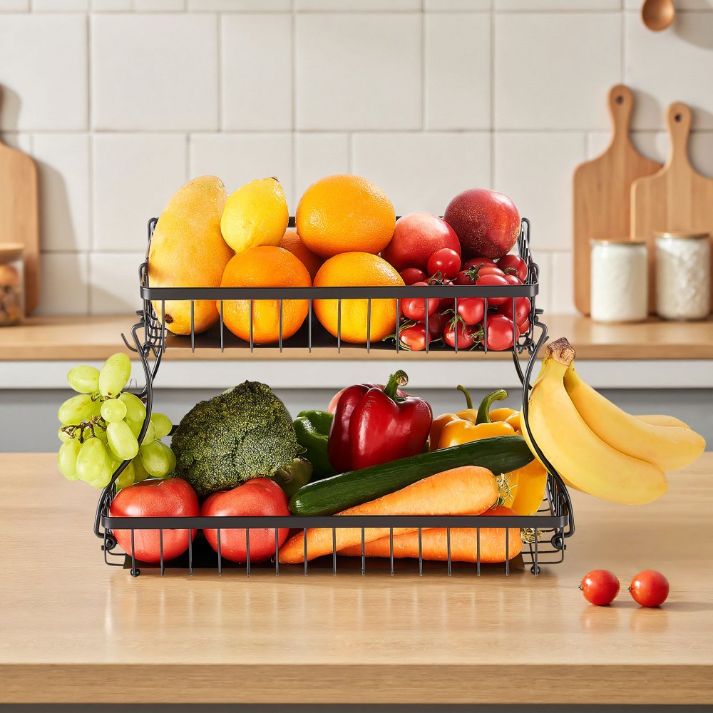 Vevor Fruit Basket 2-Tier Countertop Storage Stand with Banana Hangers New