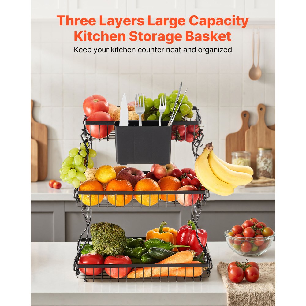 Vevor Fruit Basket 3-Tier Countertop Storage Stand with Banana Hangers New